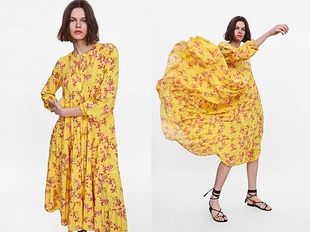 Vestido amarillo floral de Zara: 39,95 euros.