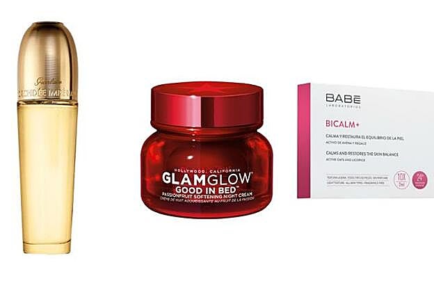 1. Orchidée Impériale Aceite Imperial de Guerlain (305 €). 2. Good in Bed Crema Suave de Noche con Maracuyá de Glam Glow (40,90 €). En Sephora. 3. Ampollas Bicalm+ de Laboratorios Babé (14 €).