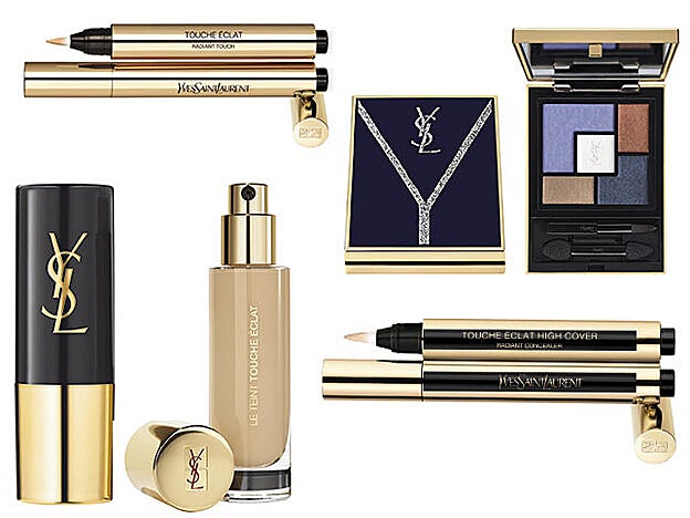 Paleta de sombras de ojos Couture Palette Yconic Purple, Iluminador Touche Éclat, Base de maquillaje en barra All Hours Stick Foundation, corrector Touche Éclat Hight Cover, Base de maquillaje líquida Touche Éclat Le Teint y máscara de pestañas The Curler. Todo de Yves Saint Laurent.