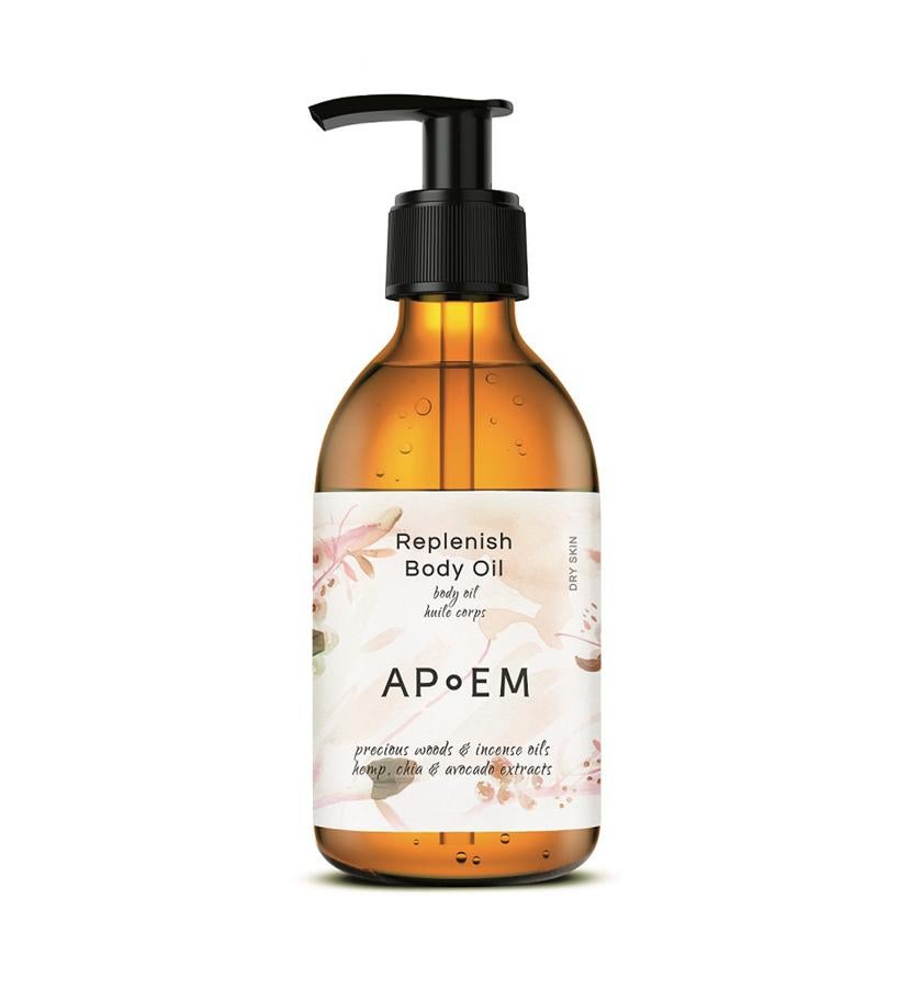 Aceite corporal nutritivo para piel seca o sensible. Compuesto por aceites vegetales de coco, arroz, aguacate, chía, jojoba y cáñamo con efectos nutritivos, antiinflamatorios, protectores y de eliminación de radicales libres.  Y aceites esenciales: de incienso y maderas preciosas, que tienen propiedades fungicidas y cicatrizantes.  Replenish Body Oil de Apoem  (45 €).
