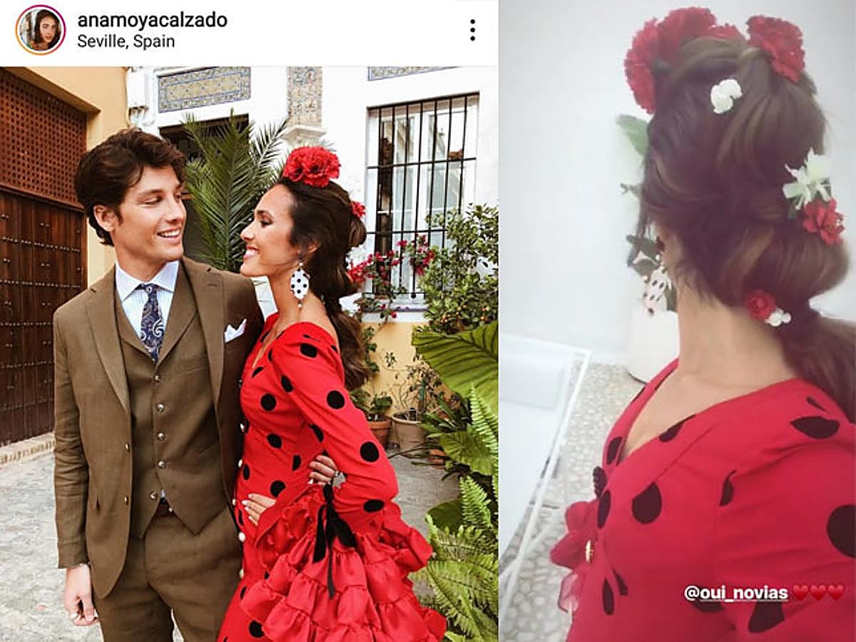 Ana Moya Calzado también ha apostado por una coleta de burbujas, pero tejida desde la parte superior, con detalles de flores a lo largo de la coleta y mucho volumen.