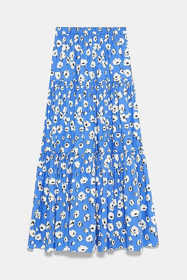 Falda de línea evasé con cintura elástica y estampado floral, 49,95 euros.