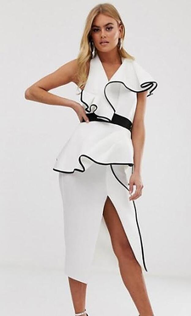 Vestido midi con cuello halter, sobrefalda y detalle de ribete, 83,99 euros.