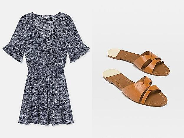 Vestido con estampado floral de Brownie. (59,90 euros). Sandalias planas de Stradivarius. (25,99 euros).