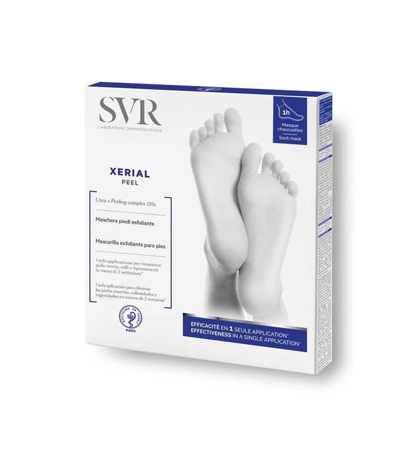 Gracias a su alta concentración en ingredientes activos queratolíticos y emolientes, esta mascarilla exfoliante en formato calcetín exfolia e hidrata en profundidad. Su técnica de impregnación se concentra en las zonas rugosas de la planta del pie que más necesitan ser tratadas y renovadas y preserva las zonas sensibles para no dañarlas, reduciendo los callos y durezas.  Xerial Peel de SVR  (19,90 €).