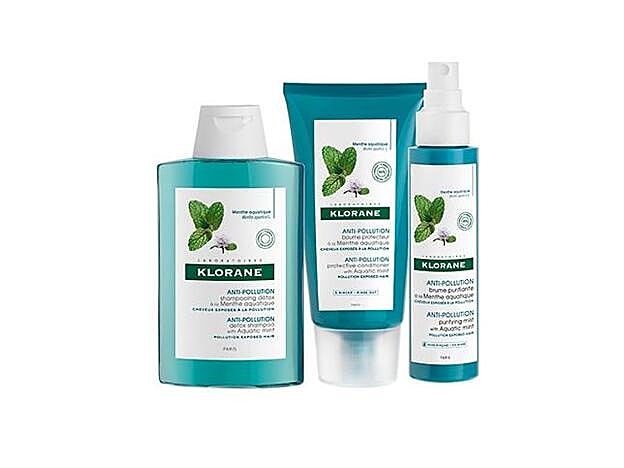 Champú Detox (8,76 €), Bálsamo Protector (13,06 €) y Spray Purificante (14,26 €) Menta Acuática de Klorane.