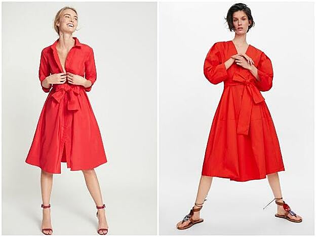 A la izquierda, el vestido de invitada de Carolina Herrera (560 euros). A la derecha, el vestido de invitada de Zara (49.95 euros).