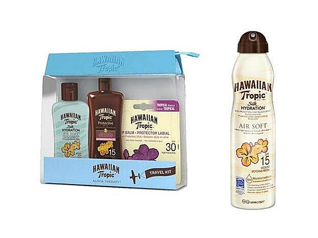 1. Kit de viaje de Hawaiian Tropic, 9,95 euros / 2. Loción protectora transparente en bruma Air Soft, 8,95 euros.