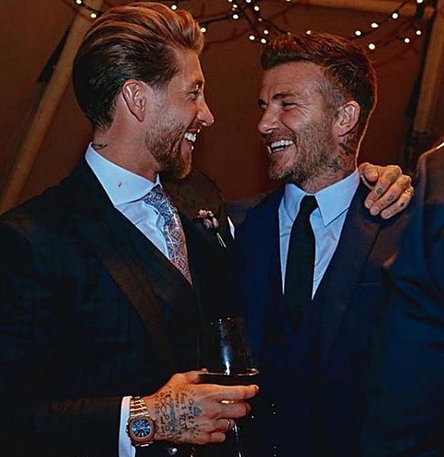 Segio Ramos y David Beckham en la boda, del sevillano con Pilar Rubio