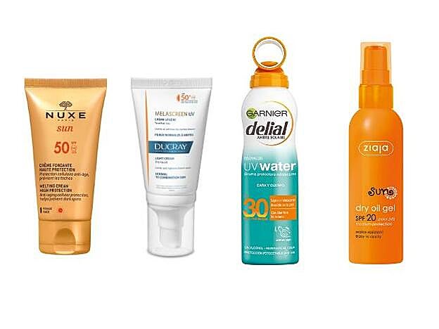 1. Crema Fundente Alta Protección SPF50 de Nuxe (20,90 €). 2. Crema Ligera Melascreen UV SPF50 de Ducray (16,30 €). 3. Delial Bruma UV Water Protectora Refrescante SPF30 de Garnier (10,99 €). 4. Gel de Aceite Seco SPF20 de Ziaja (8,99 €).