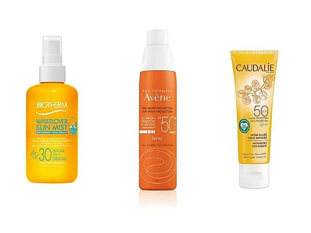 1. Waterlovers Sun Mist SPF30 de Biotherm (35 €). 2. Spray SPF50+ Pieles Sensibles de Avène (24,80 €). 3. Crema Solar Facial Antiedad SPF30 de Caudalie (23,50 €).