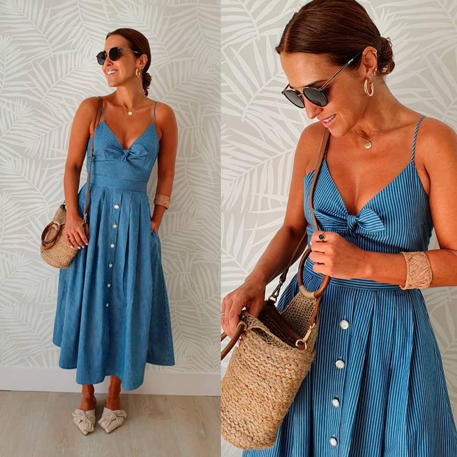 Este  vestido de rayas que sacó Paula Echevarría en Instagram  es uno de los grandes descubrimientos que nos ha hecho la actriz. El corte de la prenda de Maggie Sweet le sentaba de maravilla y lo conjuntó con bolso de mimbre de Mango, el complemento del verano.