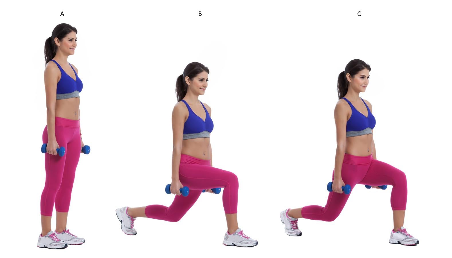 De pie lleva una de las piernas hacia delante y flexiona la otra de tal forma que la rodilla quede en un ángulo de 90º. Vuelve a la posición inicial y repite con la pierna contraria. Mientras más peso lleves será mejor.