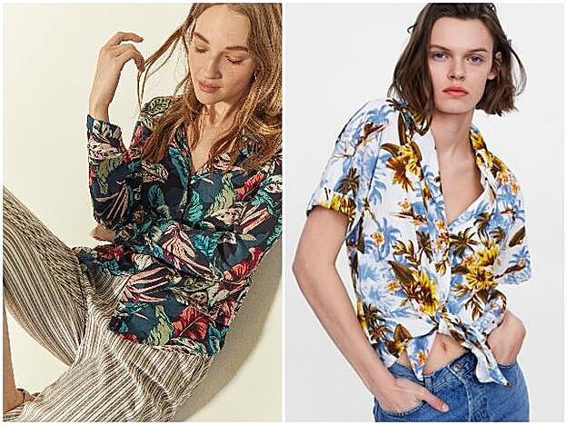 A la izquierda, blusa de Cortefiel, rebajada de 49.95 a 14.99 euros. A la derecha, la versión de Zara, que pasa de 29.95 a 15.99 euros en las rebajas.