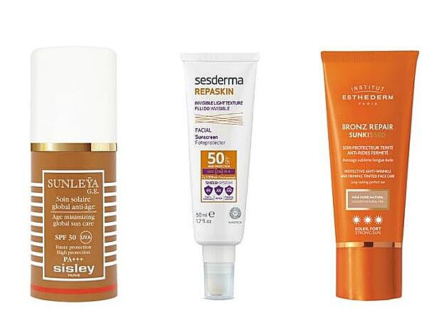 1. Sunleÿa G.E. Soin Solaire Global Anti-Âge Prevention Taches de Sisley (208,50 euros). 2. Repaskin Fluido invisible SPF50 de Sesderma (24,95 euros). 3. Bronz Repair SunKissed Institut Esthederm (67 euros).