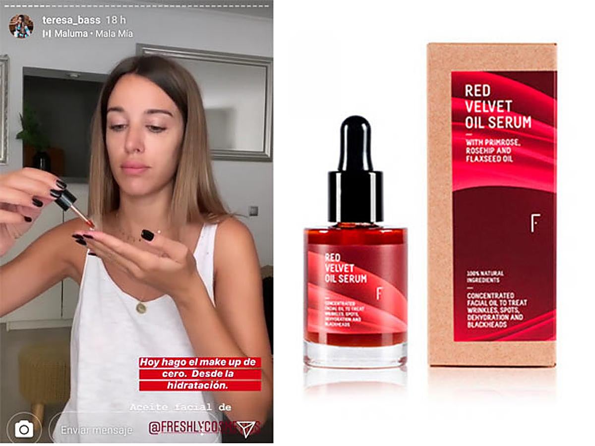 Teresa Bass comienza preparando su rostro con el Red Velvet Oil Serum de Freshly Cosmetics. Basta con aplicar unas pocas gotas y después solo tendrás que extenderlas con pequeños toquecitos por todo el rostro. De esta manera conseguirás aportar nutrición, firmeza, elasticidad, luminosidad y mucha vitalidad al rostro