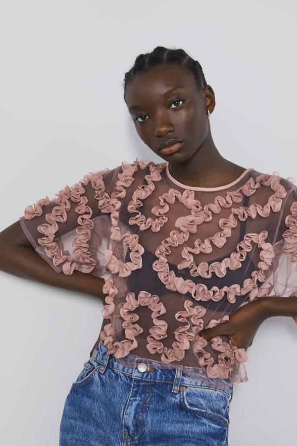Top semitransparente de cuello redondo y manga corta: 22,95 euros en Zara.