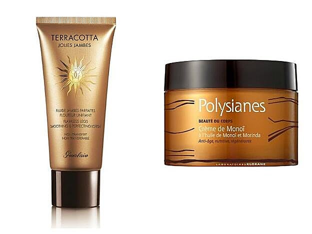 1. Terracotta Jolie Jambes Fluido Piernas Perfectas de Guerlain (c.p.v.). 2. Crema de Monoï de Polysianes (16,10 €).