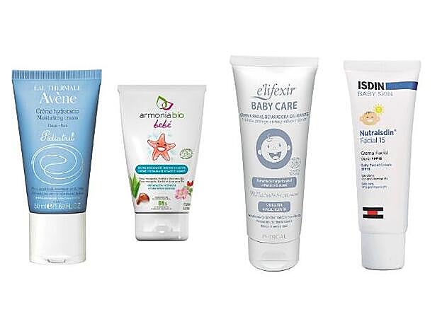 1. Pédiatril Crema Hidratante Facial de Avène (10,40 €). 2. Crema Hidratante Rostro y Cuerpo de Armonía Bebé (11,50 €). 3. Baby Care Crema Facial Reparadora Calmante de E’lifexir (9,40 €). 4. Nutrasidin Crema Facial Diaria SPF15 de ISDIN (9,29 €).