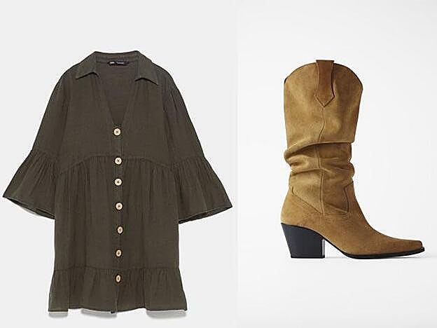 Vestido mini en color khaki (29,95 euros) y botas de tacón de piel de color arena, (79,95 euros).