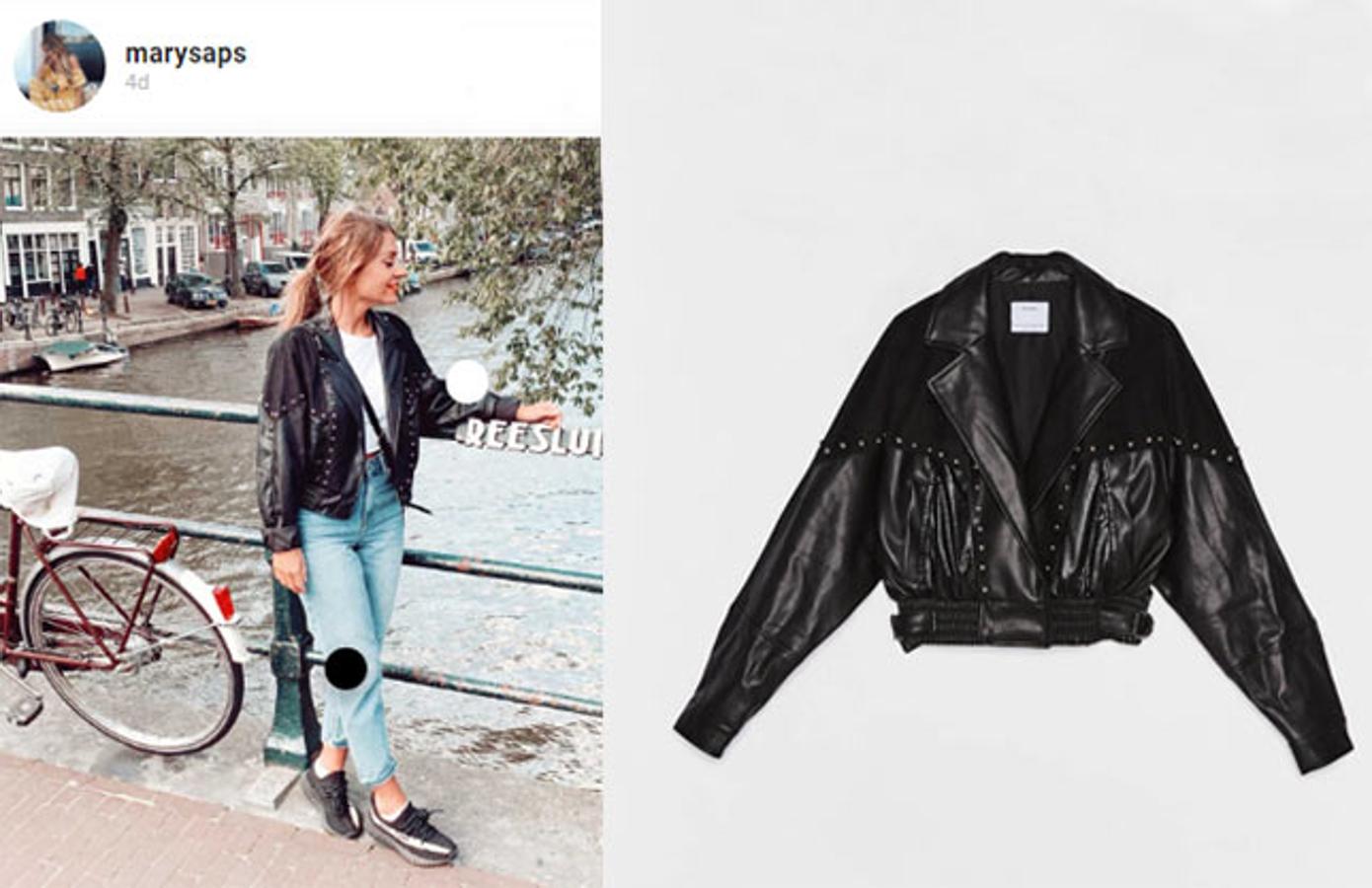 Cazadora efecto piel con tachuelas en color negro, 45,99 euros.