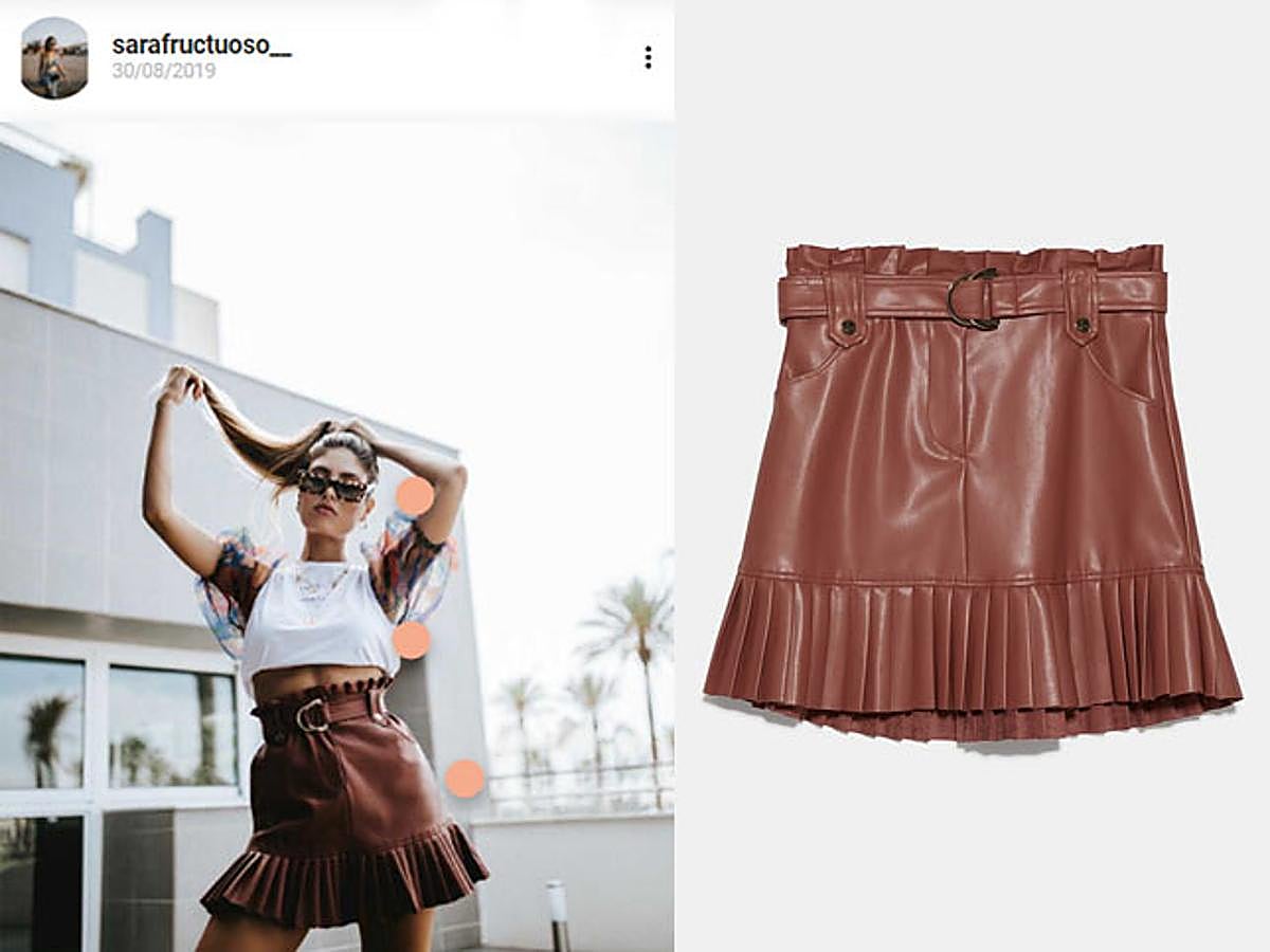 Falda mini con efecto piel y detalles plisados en color marrón, 25,95 euros.