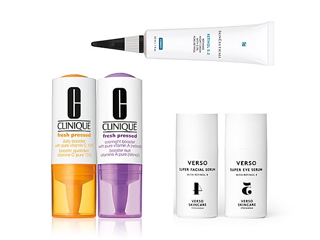 Kit Fresh Pressed Clinical de Clinique (41 €). Retinol 0,3 de SkinCeuticals (93 €). Super Serum Series Retinol8 de Verso Skincare (230 €).