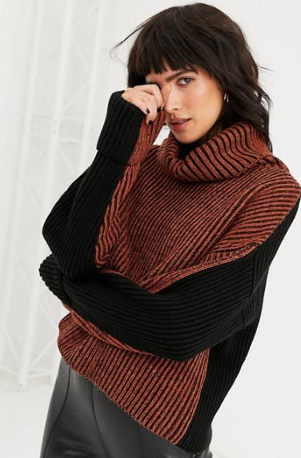 J ersey con mezcla de lana, diseño colour block  y cuello vuelto de topshop, 59,99 euros.