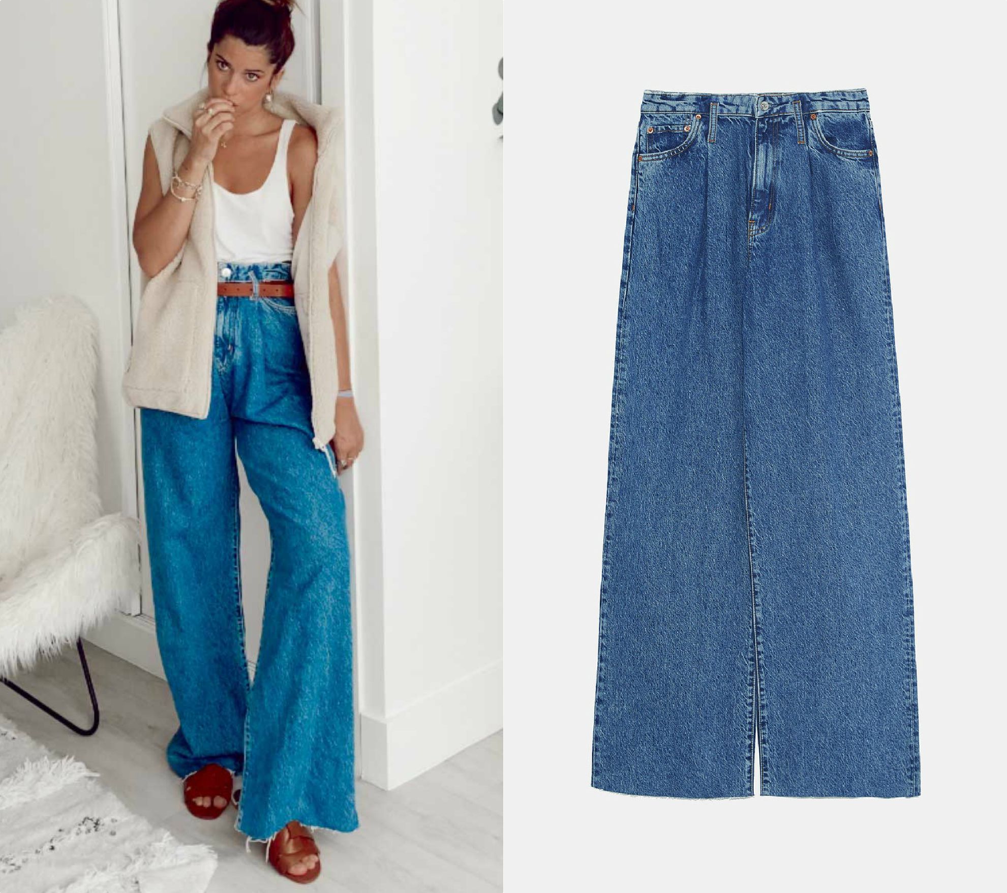 ¿Cansada de los  jeans slouchy ? El low cost sigue teniendo propuestas tan interesantes como estos vaqueros de Zara que lleva la influencer Marta Riumbau. Y aunque a simple vista parezcan difíciles de combinar, existen muchas posibilidades. Además están prácticamente agotados. ¡Corre! Jeans ZW Premiun Wide Leg: 39,95 euros.