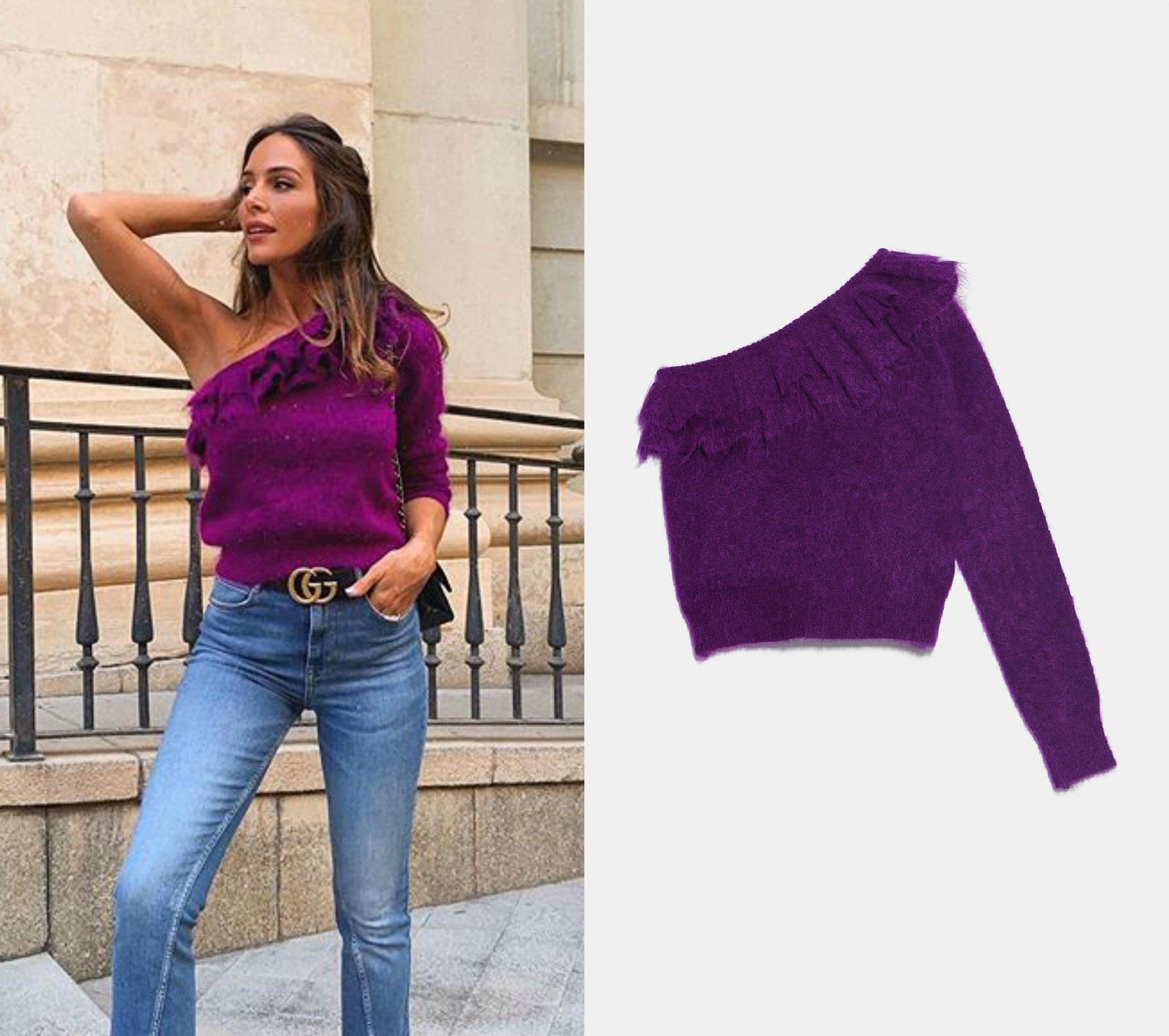 Qué mejor época del año que el entretiempo para disfrutar de lo bien que sienta un jersey asimétrico. Rocío Osorno se ha decantado por este de pelo en tono morado. (49,95 euros).  ¿Dónde conseguirlo?