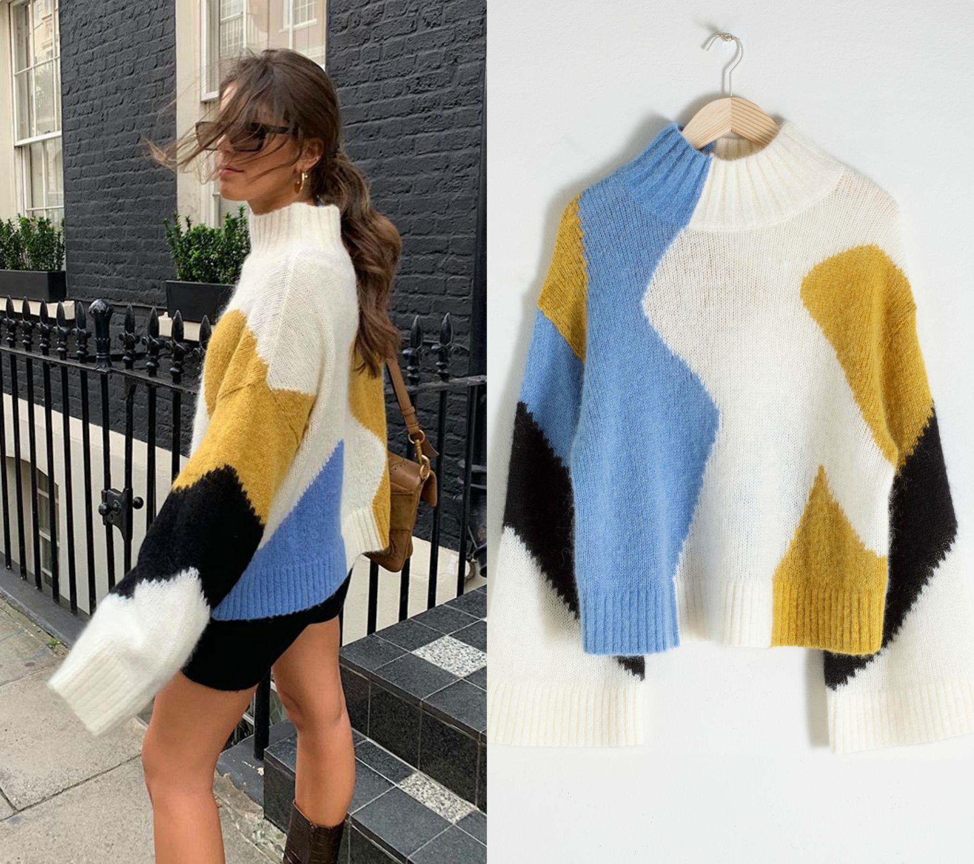 En unos días comienza la temporada de los jerséis de punto grueso. No te despistes y ficha este básico para tus mejores looks. En la imagen, la influencer Sara Baceiredo lleva uno tricolor de &Other Stories que sienta fenomenal ¡y está rebajado! (47 euros).