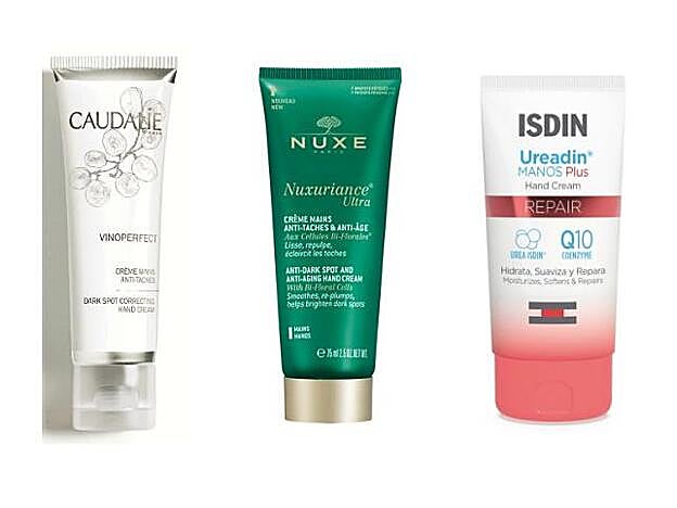1. Vinoperfect Crema Antimanchas para manos de Caudalie (12,60 €). 2. Nuxuriance Ultra Crema de Manos Antiedad y Antimanchas de Nuxe (24,50 €). 3. Ureadon Manos Plus de ISDIN (7,50 €).