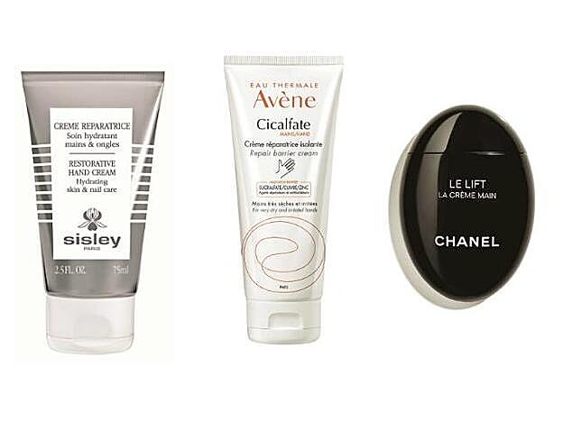 1. Crème Réàratrice Soin Hydratant Mains &amp; Ongles de Sisley (73 €). 2. Cicalfate Crema de manos Reparadora de Avéne (12,20 €). 3. Le Lift La Crème Main de Chanel (63 €).