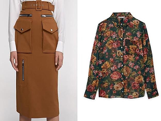 Falda cargo en color kaki de Sfera (35,99 EUR) / Camisa semitransparente flores (15,99 eur).