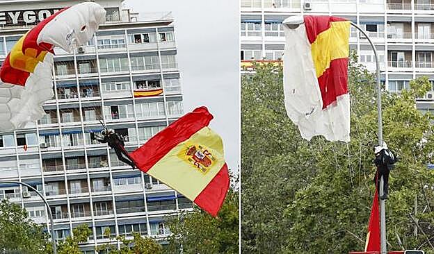 Luis Fernando Pozo en el momento en el que se ha quedado enganchado a la farola.
