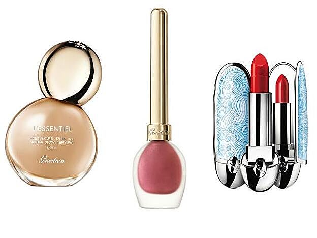 1. Base de maquillaje L’Esentiel Fond de Teint (55 €). 2. Eyeliner Líquido Metallic-to-glitter (42,40 €). 3. Edición limitada Nomi #RougeGbyBlancaSuarez (22,70 €) la carcasa; y la barra (34,10 €). Todo de Guerlain.