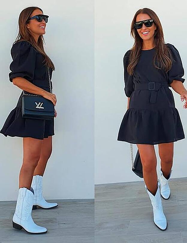 Paula Echevarría combinó el vestido negro de Zara con unas botas blancas de estilo cowboy.