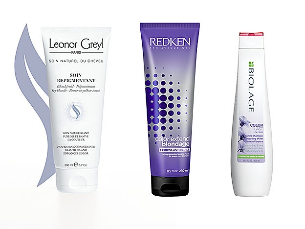 Soin Repigmentant Rubio Frío de Leonor Greyl (43,90 €). Mascarilla Color Extend Blondage de Redken (33,40 €). Purple Shampoo de Biolage (15,85 €).