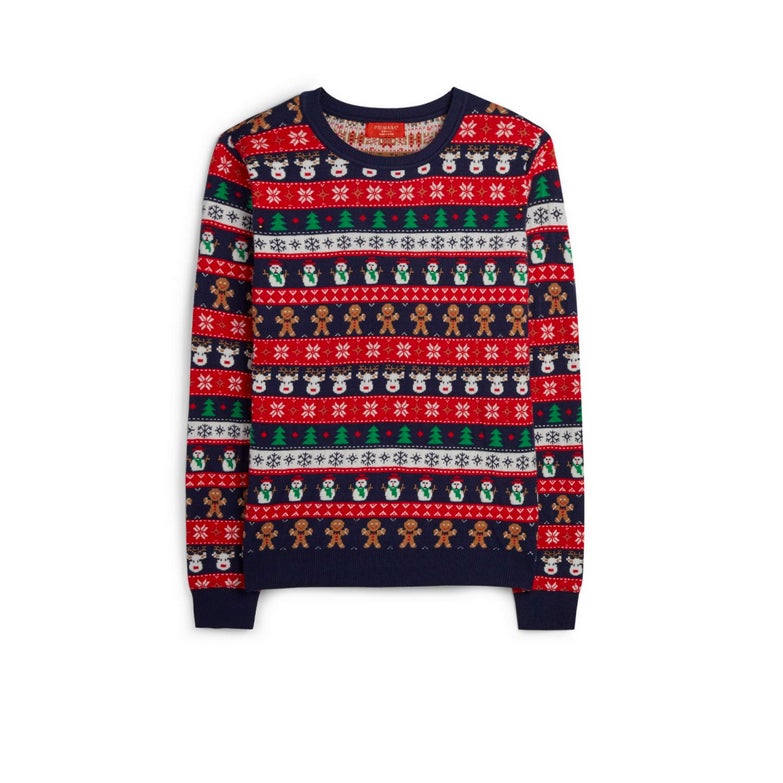 Como si del papel de regalo más navideño se tratase, este estampado horizontal combina muñecos de nieve, abetos, renos y galletas de jengibre. Cuesta 13 euros y es probablemente lo más navideño del mercado si no quieres tirar del socorrido rojo.