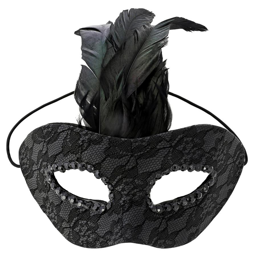 Encaje y plumas para un estilismo en el que el misterio sea el ingrediente principal. Con plumas negras y verdes auténticas, esta máscara cuesta 12,95 euros.