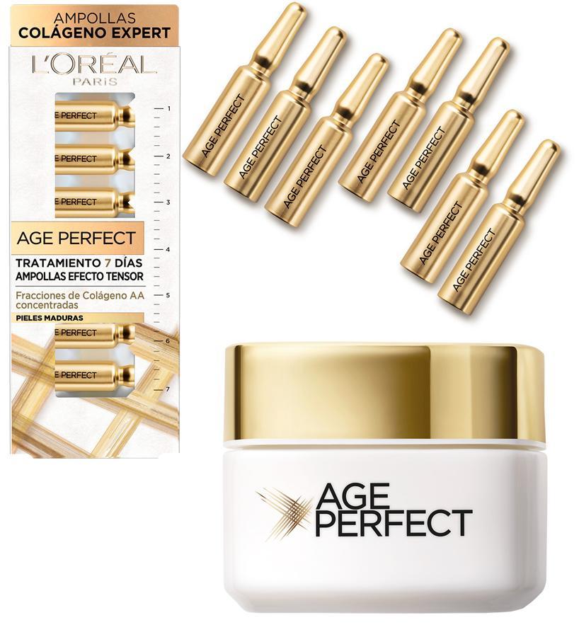Esto es un trabajo de equipo, el que forman las  Ampolllas 7 Días Efecto Tensor Age Perfect de L’Oréal Paris  (14,90 €), enriquecidas con fracciones de colágeno AA para una acción reafirmante sobre rostro, cuello y escote en menos de una semana, y la  Crema de Día Efecto Tensor Age Perfect Expert Colágeno también de L’Oréal Paris  (9,90 €). La crema también está enriquecida con fracciones de colágeno AA para conseguir una acción reafirmante, pero también antimanchas
