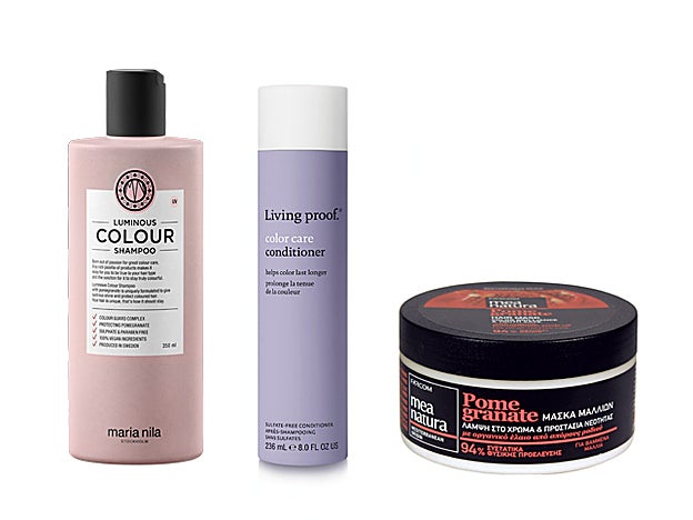 Luminous Color Shampoo de Maria Nila (27 €). Color Care Conditioner de Living Proof (28 €).Mascarilla Pome Granate de Mea Natura (6,90 €).