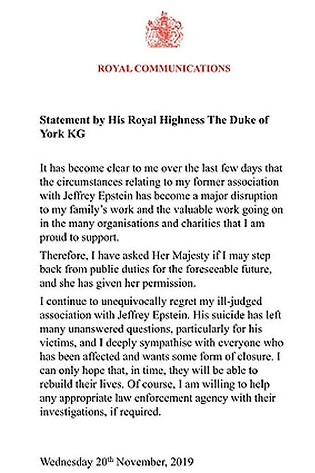 Este es el comunicado con el que el príncipe Andrés anunciaba su retirada de la vida pública.