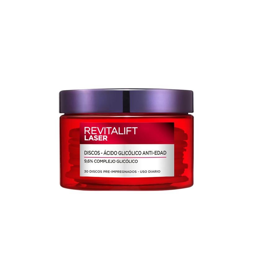 Discos anti-edad para debilitar la unión de las células muertas a la superficie de la piel. En su fórmula se asocia una combinación de ácidos enriquecida con ácido glicólico, y desarrolla una triple acción: reduce manchas, corrige arrugas y unifica el tono. Es apta para todo tipo de pieles. Se usa por la noche y por la mañana, con la piel limpia desplazando el disco preimpregnado sobre el rostro. Cuando la fórmula de los discos se absorbe, aplica tu crema, si es de día, tienes que incluir protección solar. 30 discos. (19,80 €).