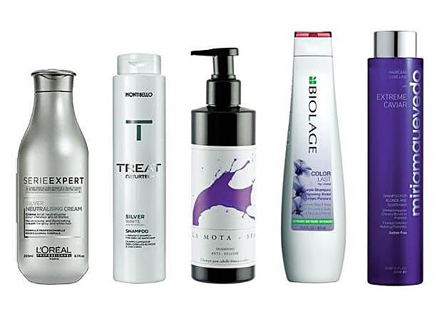 1. Serie Expert Magnesium Silver de L’Oréal Professionnel (17,15 €). 2. Silver White Shampoo de Montibello (12,20 €). 3. Champú Anti-Yellow de La Mota (25 €). 4. Purple Champú de Biolage (15,85 €). 5. Extreme Caviar Shampoo For Blonde ande Silver Hair de Miriam Quevedo (32 €).