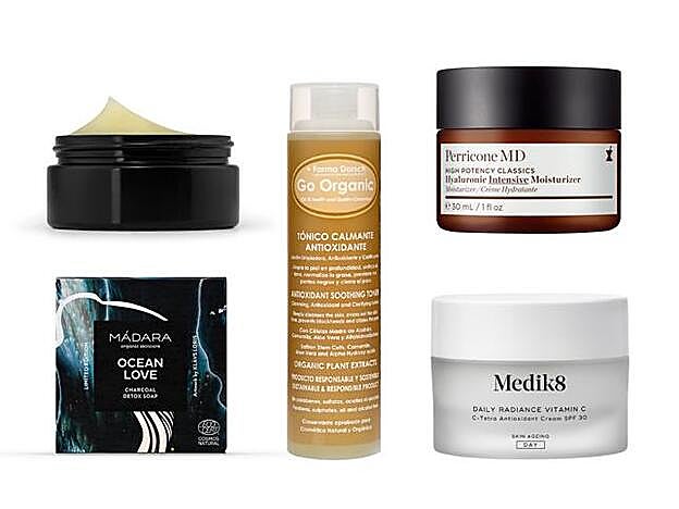 La lune de velours de Argentum (124 €). Ocean Love Charcoal Detox Soap de Mádara (6,90 €). Tónico Limpiador Calmante y Antioxidante Go Organic de + farma Dorsch. Hyalluronic Intensive Moisturizer de Perricone MD (90 €). Daily Radiance Vitamin C de Medik8 (85 €).