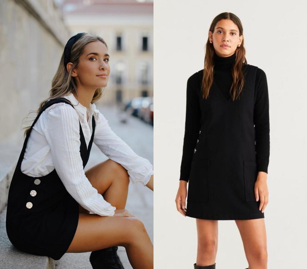 María Pombo arrasó cuando compartió  este pichi negro  con botones metalizados en los laterales de Mango. Un minivestido que puedes comprar ahora por 19,99 euros.