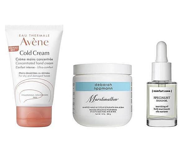 Cold Cream de Avène (6,99 €). Marshmallow Hand & Cuticle Scrub de Deborah Lippmann (30 €). Specialist Hand Oil de Comfort Zone (30 €).