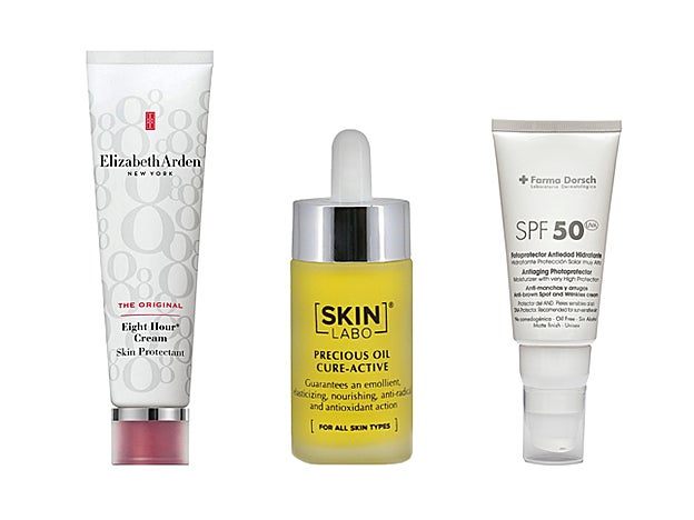 Eight Hour Cream Skin Protectant de Elizabeth Arden (35 €). Aceite Precioso Cure Active de Skinlabo (32 €). Fotoprotector Antiedad Hidratante de +Farma Dorsch SPF 50 (39 €).