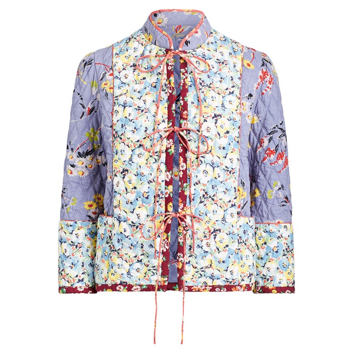 Chaqueta guateada de patchwork con cuello Mao y cierres de tela, de Polo Ralph Lauren.
